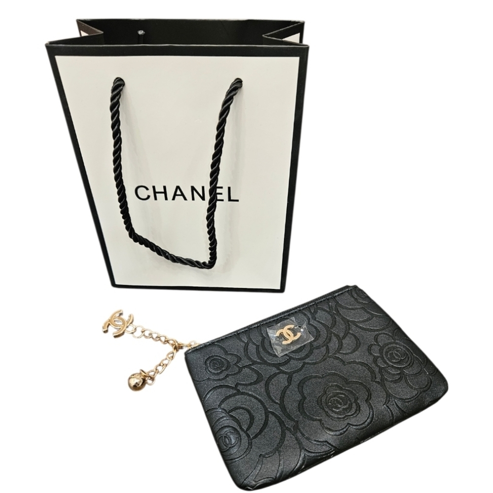 Black Embossed CC Beauty Floral Zipper Pouch With Charm + Chanel Shopping Bag